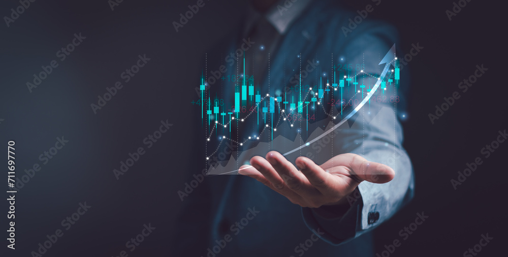 Investors or traders display virtual stock chart graphics on hands, concepts of analysis, investment planning and strategy, stock market, mutual funds, bonds, digital assets - obrazy, fototapety, plakaty 