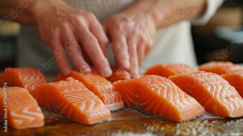 Close up of a hands preparing Salmon, Generate by AI