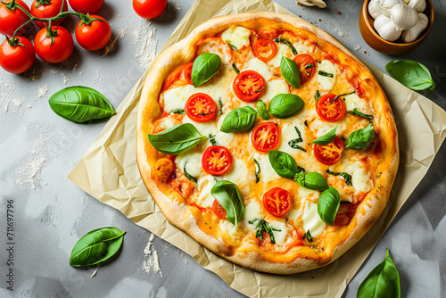 Margherita pizza with fresh basil and cherry tomatoes on a white marble surface, showcasing the vibrant colors and textures of the ingredients for a delicious meal.