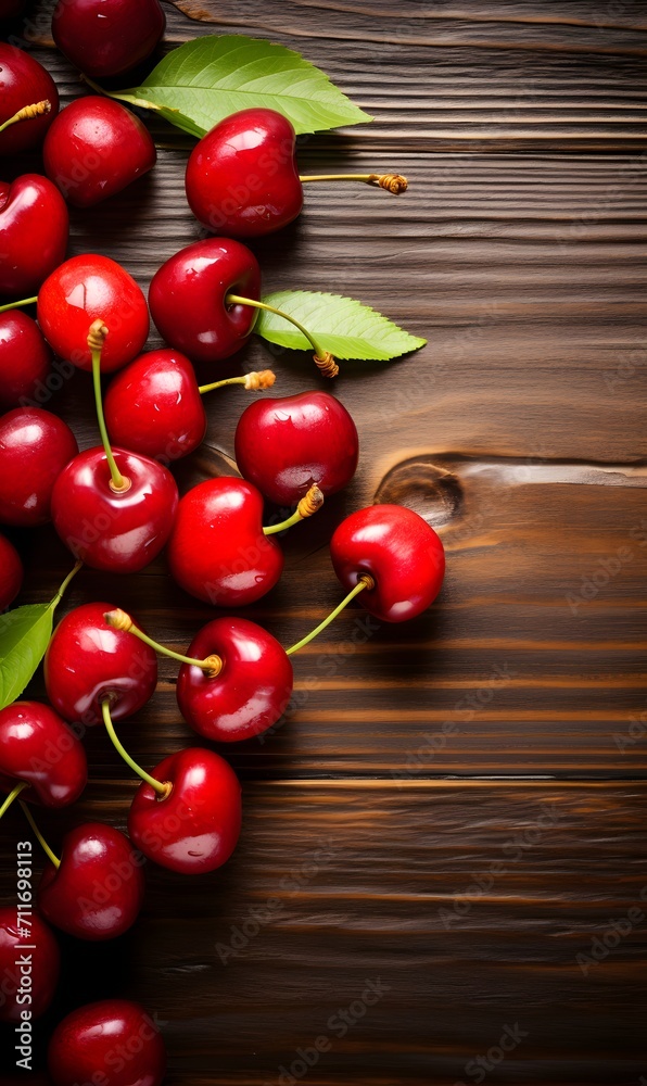 Cherries with water drops on wooden background Cherries with water drops on wooden background