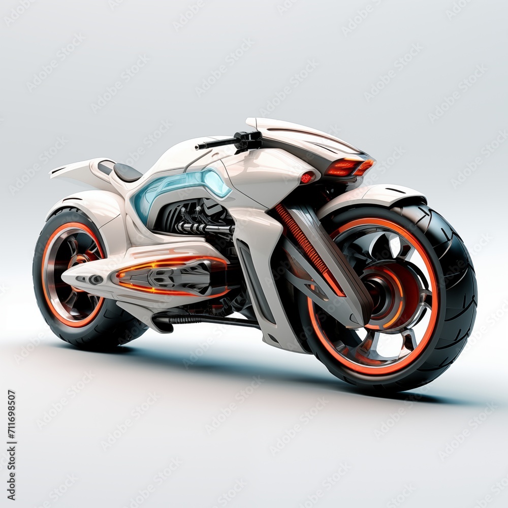 	
White futuristic motorcycle isolated on white background, 3D rendering