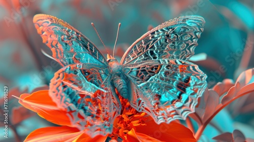 A beautiful butterfly lady made from intricate lace patterns sitting on a bright orange flower, surreal, dynamic composition, rich textures, blue © Zahid