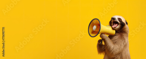 a happy sloth holding a yellow megaphone speaking in it with yellow solid background,generative ai. photo