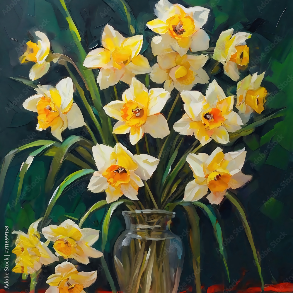 Oil painting of A Bouquet Of Yellow And White Flowers. Lovely yellow daffodil flowers on rustic wooden background for  Mothers day, Valentine's Day