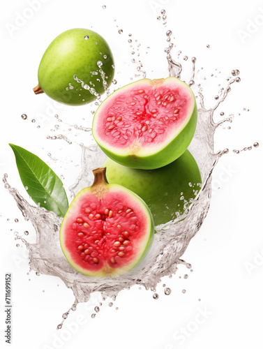 Guava Falling on a White Background With a Splash of Water