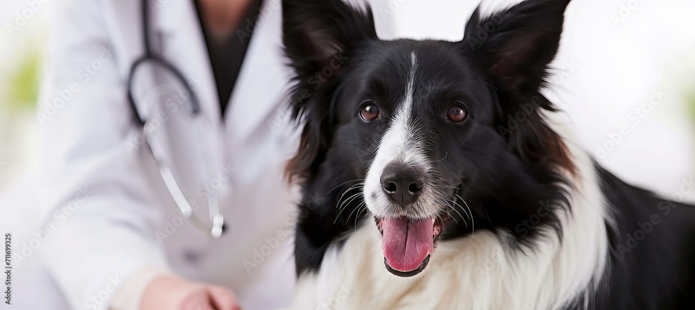 Experienced vet nurse conducting thorough health checkup on happy border collie in modern clinic