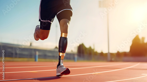 Disabled runner athlete with leg prosthesis. Concept of overcoming, prosthesis in sport, motivation and inspiring sport.