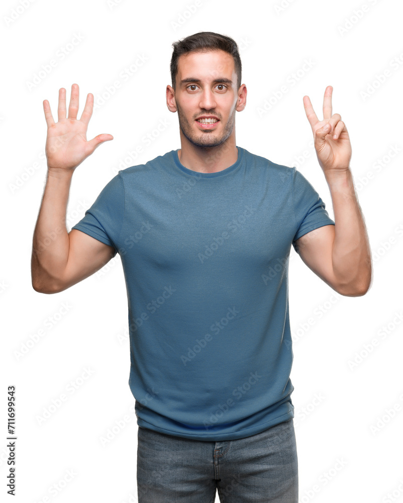 Handsome young casual man showing and pointing up with fingers number seven while smiling confident and happy. Handsome young casual man showing and pointing up with fingers number seven while smiling confident and happy.