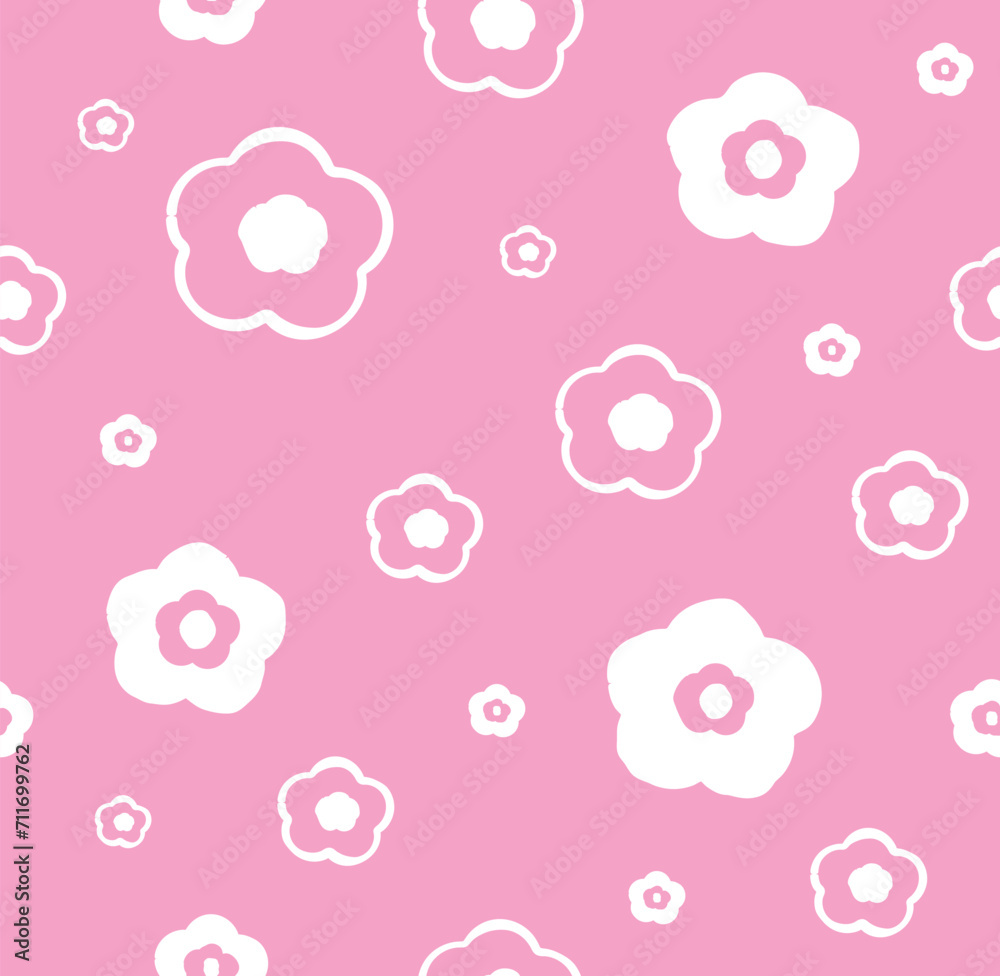 abstract square seamless pattern with cute chamomile flowers. Retro floral pink background surface design, textile, print, wrapp paper, cover. vector art illustration.