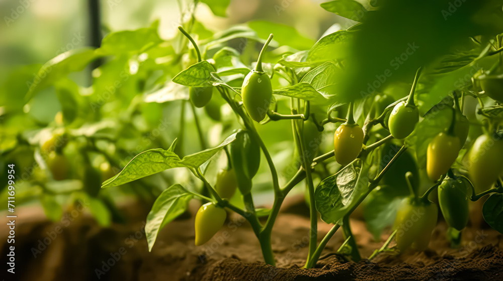 Fototapeta premium Explore the Padron pepper plant with vibrant green peppers adorned with dewdrops. Experience the cultivation, ripening, and harvesting of these hot Spanish peppers in a garden.