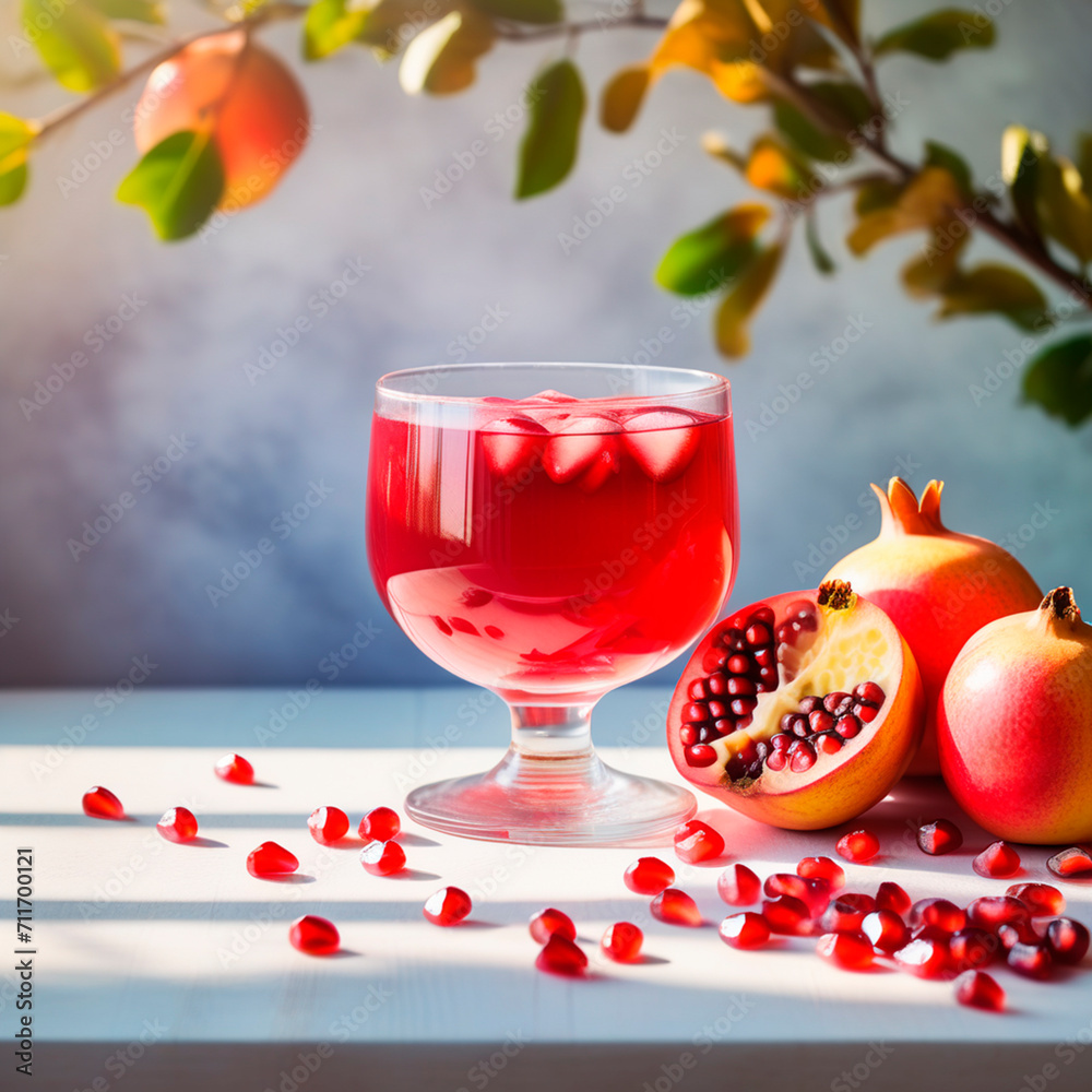 Glass of pomegranate juice with pomegranate seeds on wooden table Glass of pomegranate juice with pomegranate seeds on wooden table