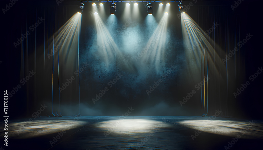 A wide, cinematic shot of an empty stage with atmospheric lighting. The background features