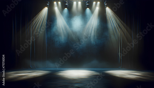 A wide, cinematic shot of an empty stage with atmospheric lighting. The background features photo