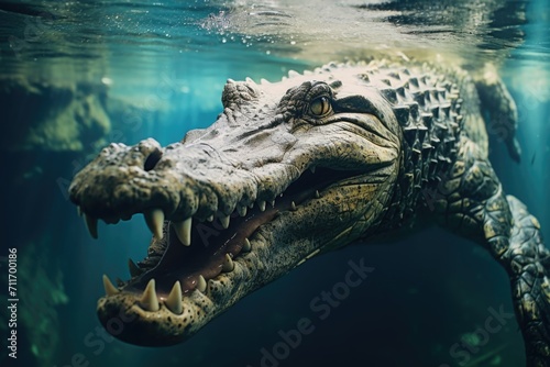 Closeup of saltwater American crocodile underwater. photo