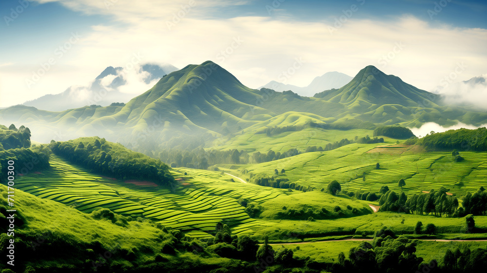 landscape, green, mountain, panorama, nature, tea, hill, sky, field, tree, agriculture, forest, summer, plantation, rice, grass, travel, scenery, countryside, asia, valley, farm, mountains, rural, far