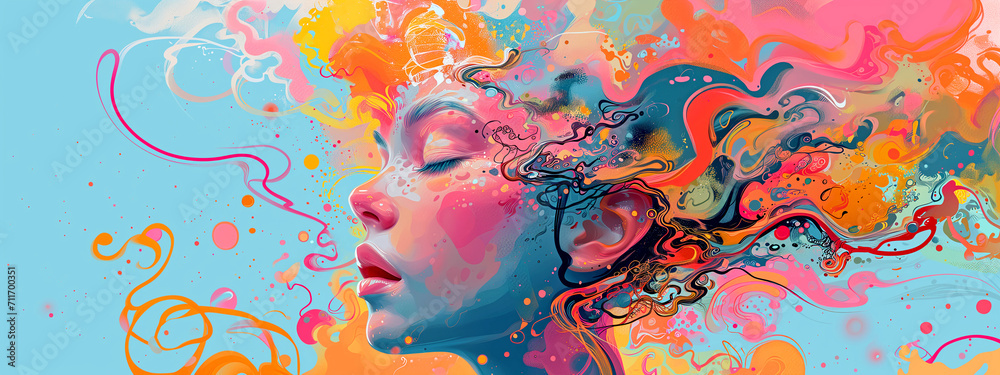 Painting of a Woman With Long Hair, Colorful Digital Painting, Psychedelic Dream, Hallucination	