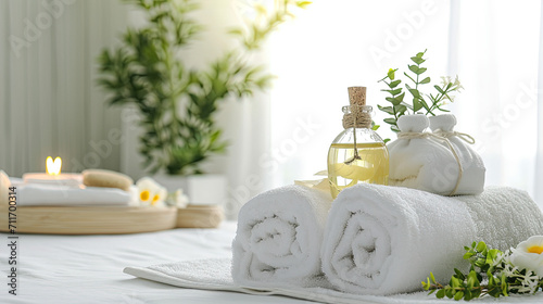 Towels with herbal bag and beauty treatment items in spa room photo