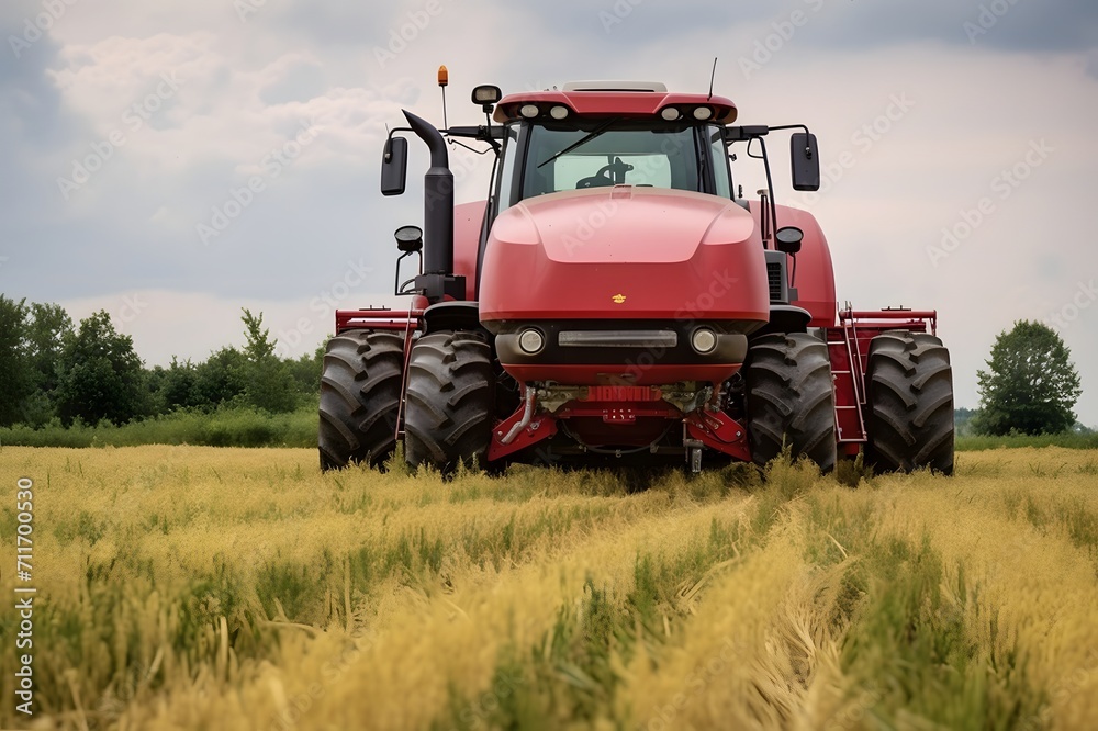 Fototapeta premium Red tractor in a wheat field