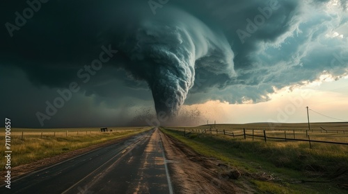 Tornado forming over a rural road amidst dark stormy skies