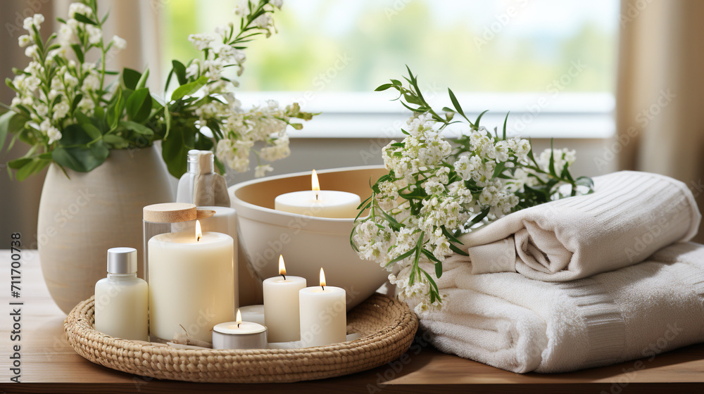 Towels with herbal bag and beauty treatment items in spa room Towels with herbal bag and beauty treatment items in spa room