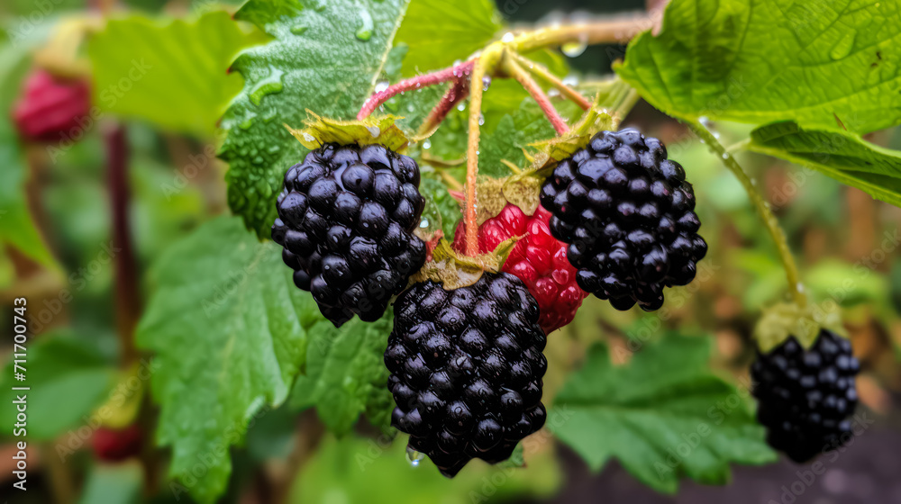 Indulge in the beauty of a ripe blackberry branch against a lush green garden backdrop. This captivating image celebrates the sweetness of nature's bounty. Indulge in the beauty of a ripe blackberry branch against a lush green garden backdrop. This captivating image celebrates the sweetness of nature's bounty.