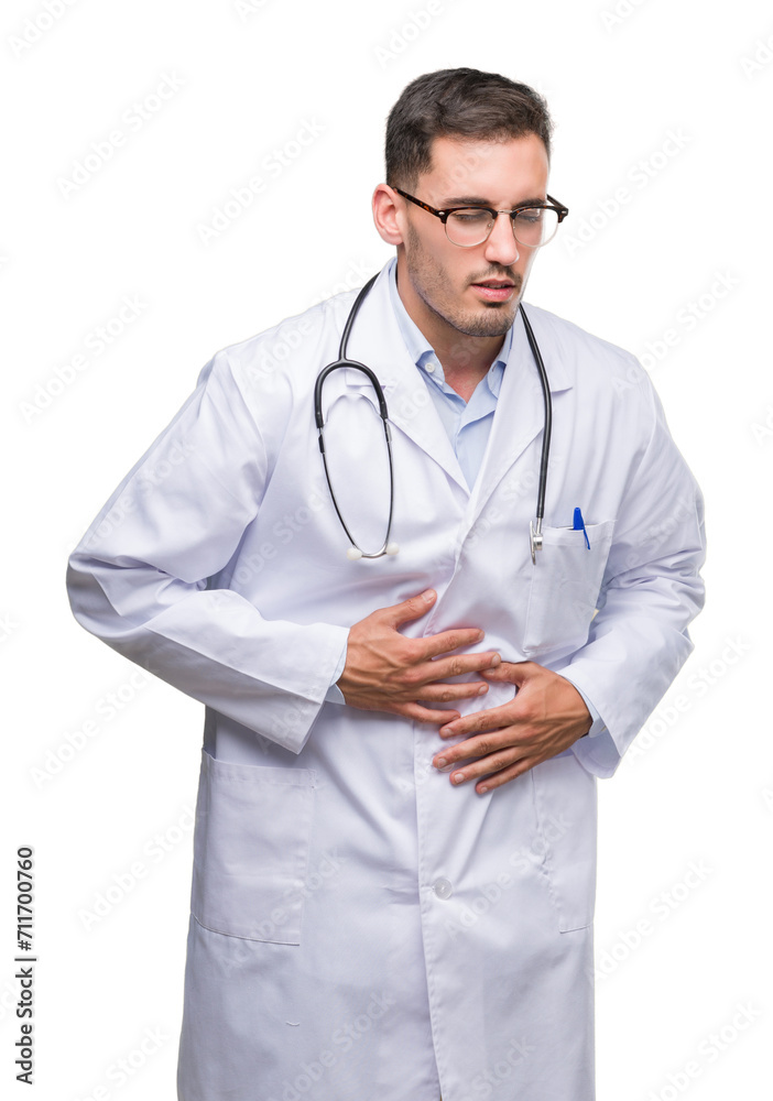 Handsome young doctor man with hand on stomach because indigestion, painful illness feeling unwell. Ache concept. Handsome young doctor man with hand on stomach because indigestion, painful illness feeling unwell. Ache concept.