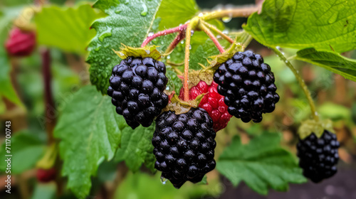 Indulge in the beauty of a ripe blackberry branch against a lush green garden backdrop. This captivating image celebrates the sweetness of nature's bounty.