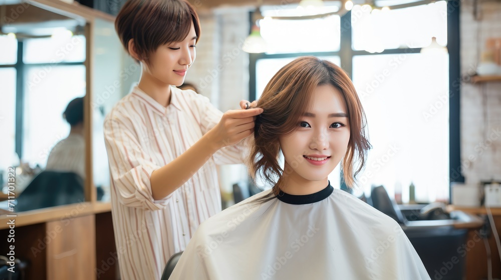 Hairdresser working on haircut and hairstyle for client at beauty salon, trendy hairs designs Hairdresser working on haircut and hairstyle for client at beauty salon, trendy hairs designs