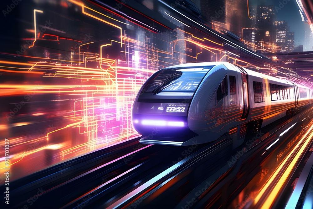 Experience the pulse of cyberpunk energy as a high-tech train blazes through a neon-lit labyrinth of data streams. Futuristic urban art at its electrifying best. Perfect for tech and sci-fi concepts.