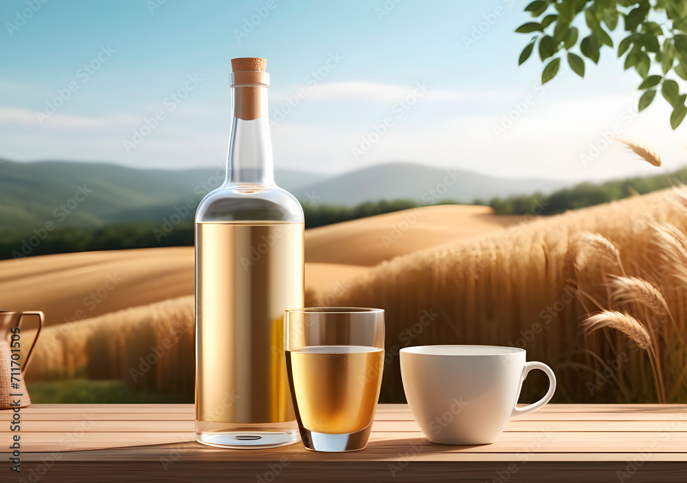 3d rendering of bottle, glass, cup and demonstration for product, demo, backdrop, mockup, daylight, nature, beige. Generative AI 3d rendering of bottle, glass, cup and demonstration for product, demo, backdrop, mockup, daylight, nature, beige. Generative AI