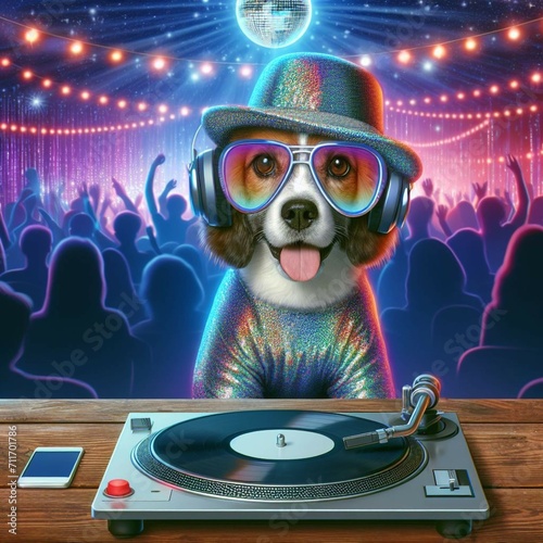  dog wearing a disco costume stands in a disco, digital drawing. 