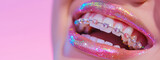 Glittering Rainbow Braces on Pearly Teeth, background with copy space. Close-up of sparkling multicolored orthodontic braces on white teeth, glossy pink lips, banner template.