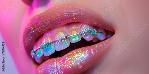 Glittering Rainbow Braces on Pearly Teeth, background with copy space. Close-up of sparkling multicolored orthodontic braces on white teeth, glossy pink lips.