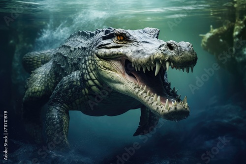 Largest crocodile in Southeast Asia eating fish prey. © darshika