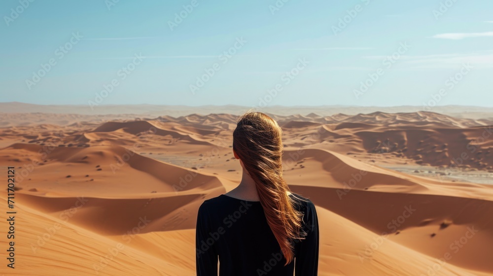 Woman from behind, looking at a vast desert landscape generative ai