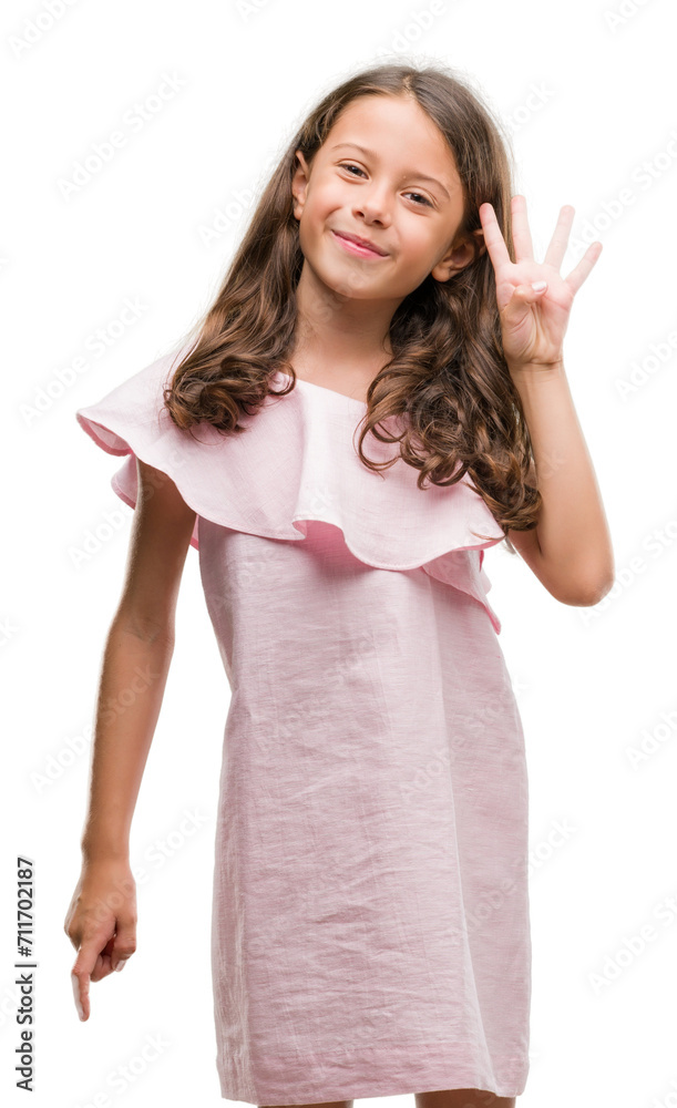 Brunette hispanic girl wearing pink dress showing and pointing up with fingers number four while smiling confident and happy. Brunette hispanic girl wearing pink dress showing and pointing up with fingers number four while smiling confident and happy.
