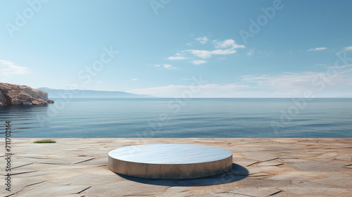 Empty round platform podium. creative composition background for advertise business items to display and implement.3D render with sea view with clear sky background.