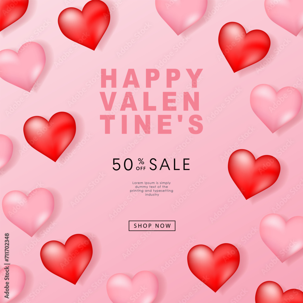 Valentine's day posters. 3d hearts background with place for text. Romantic sale banners templates, vouchers or invitation cards. Vector illustration.