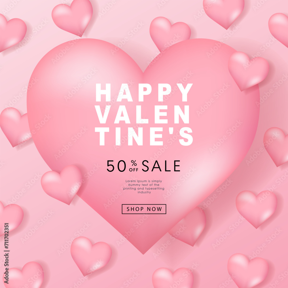 Valentine's day posters. 3d hearts background with place for text. Romantic sale banners templates, vouchers or invitation cards. Vector illustration.