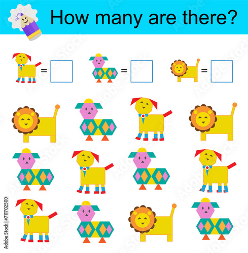 Math activity for kids. Developing numeracy skills. Cartoon animals.