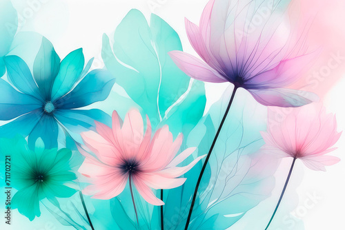 Art background with transparent x-ray flowers in pink  purple  pastel turquoise and green colors.