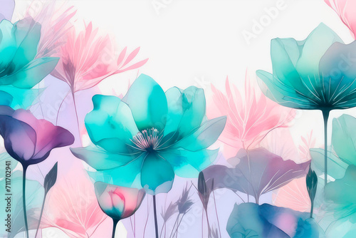 Art background with transparent x-ray flowers in pink, purple, pastel turquoise and green colors. photo