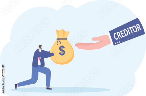 Creditor hand scramble money bag payment from male debtor,

