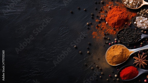 Turmeric powder in spoon on black stone surface, copy space banner for food and spice concepts