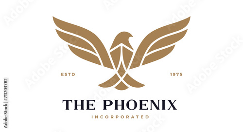 Bird Label, Sign, Logo Eagle, Raven, Phoenix brand. Logo gold bird, template company sign, wild fly heraldic icon. Graphic template emblem symbol, silhouette bird logotype. Vector Illustration