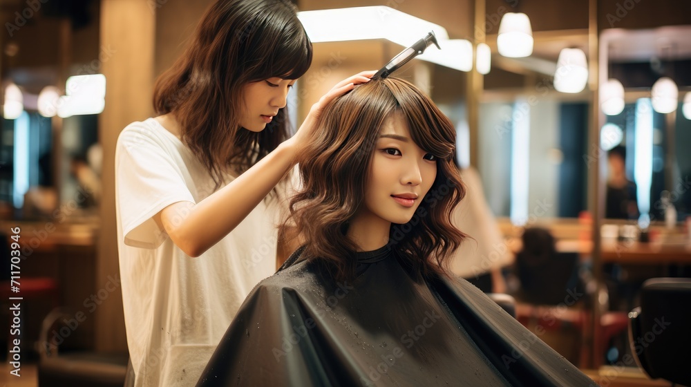 Hairdresser working on haircut and hairstyle for client at beauty salon, trendy hairs designs Hairdresser working on haircut and hairstyle for client at beauty salon, trendy hairs designs