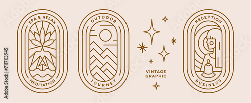 Set of minimalist line art logo template. Simple modern design line graphic badge for brand. Reception service, mountain hill, lotus symbol. Collection vintage line icon sign. Vector Illustration