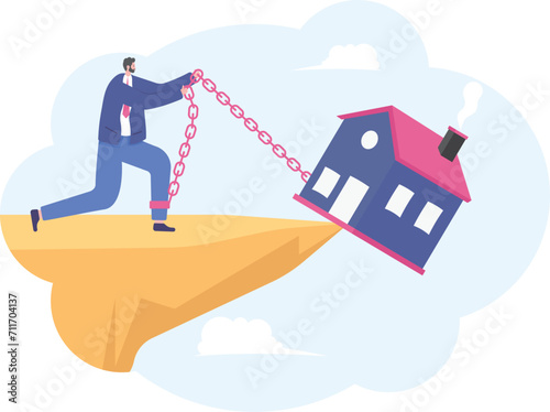 Businessman try to keep house hanging on rope,
