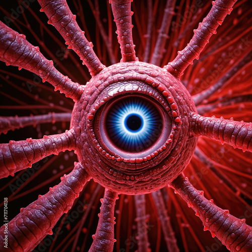 Imaginative red fleshy alien virus blood stream infection with long tentacles appendages and big bulging blue overseer eye. photo