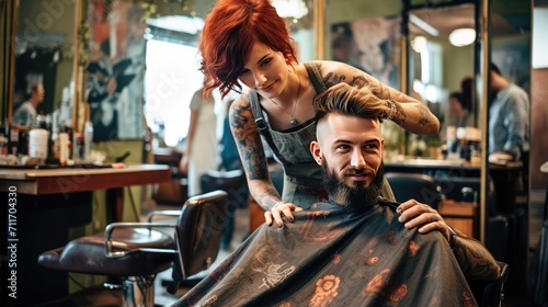 Hairdresser working on haircut and hairstyle for client at beauty salon, trendy hairs designs